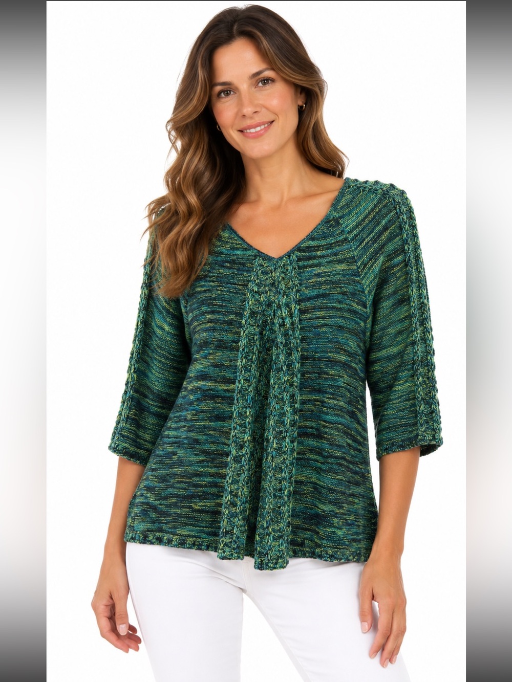 My Collection Women’s XL Green Blue Marled Knit V Neck 3/4 Sleeve Sweater